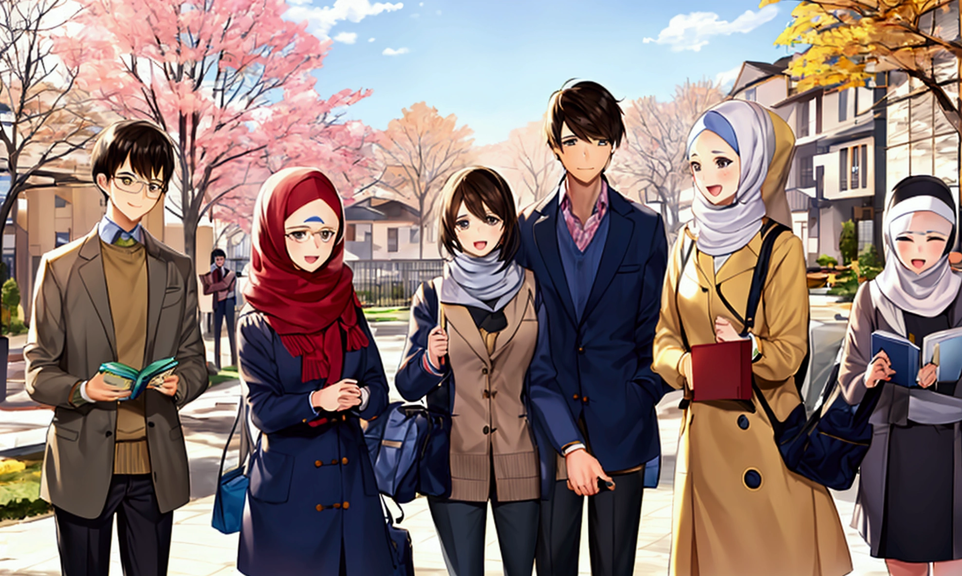Create an image of 5 college students, 3 men and 2 women wearing hijab, standing with enthusiasm, wearing plain yellow alma mater jackets, carrying books and bags, with a background of residential houses and trees.