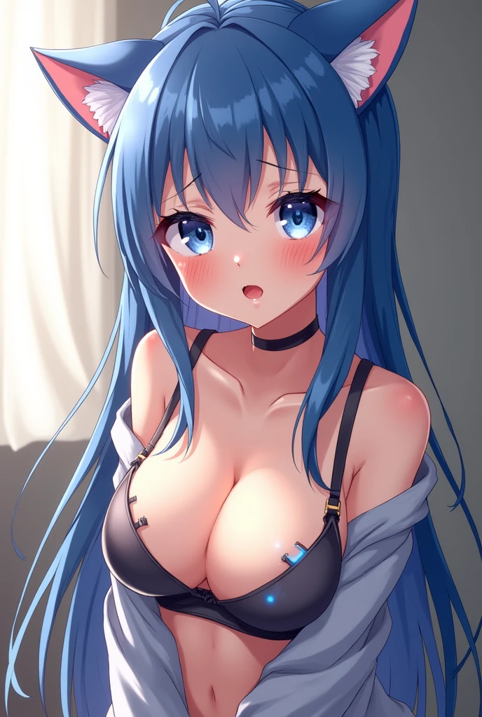 Adult anime cat girl with blue hair and blue cat ears. Her bra is out and her kegs are open and spread out. She has big tits with her  mostly out. Her sweater is almost completely off and she has a lustful expression. Her toungue is out and she is wet.