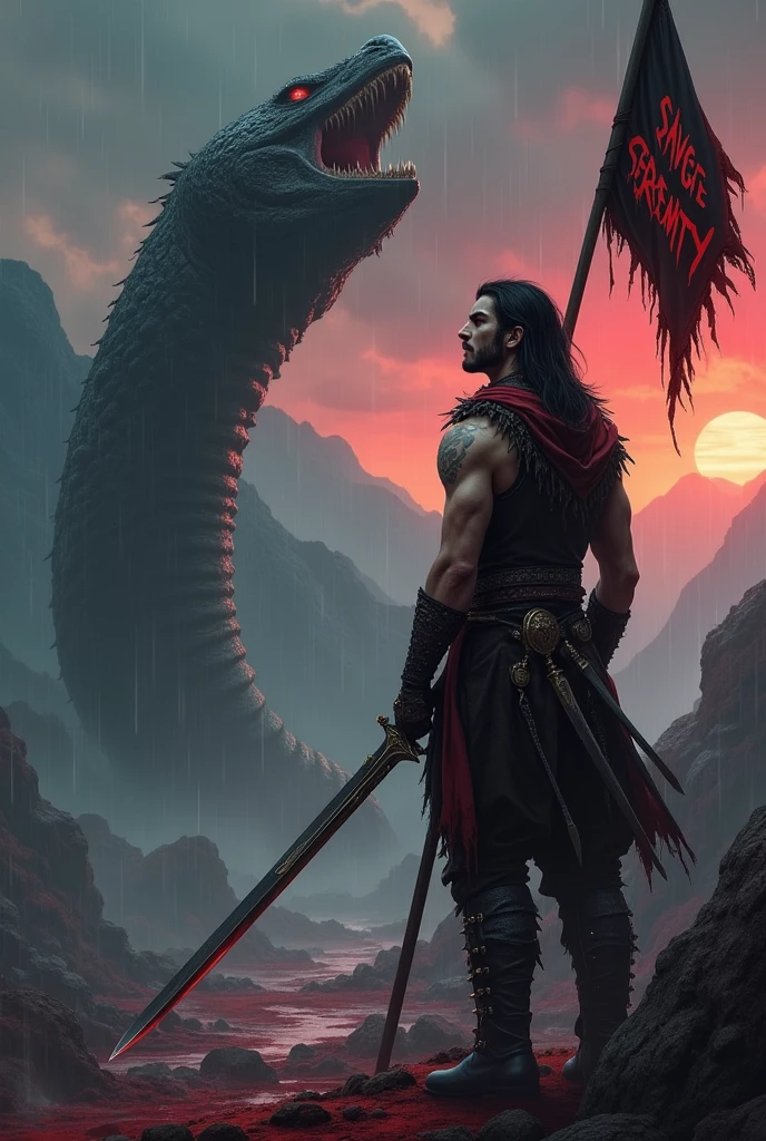 The image is in dark and blood colour in war land fights are going and raining There is a warrior holding sword also looking at up at dark sky raining half american and haft indian should be handsome he 17 years   young boy and  body six packs and the warrior is in red eyes and smiling scary hard and have  beard small mustache and long hair in black colour while he was about to die in balck clothes spikes and flying which look dangerous and dark atmosphere and slightly raining he is hold a spear which attached to a flag in the flag SAVAGE SERENITY is written in English in red blood colour in darky fonts and he's left side a colossal bigger than a mountain snake in balck colour simple snake like structure open its mouth and  is there which protects the warrior and in background a mountains in sunset mode The image should be quite far to see  A SNAKE IN THS LEFT SIDE in open mouth  the warrior should be 