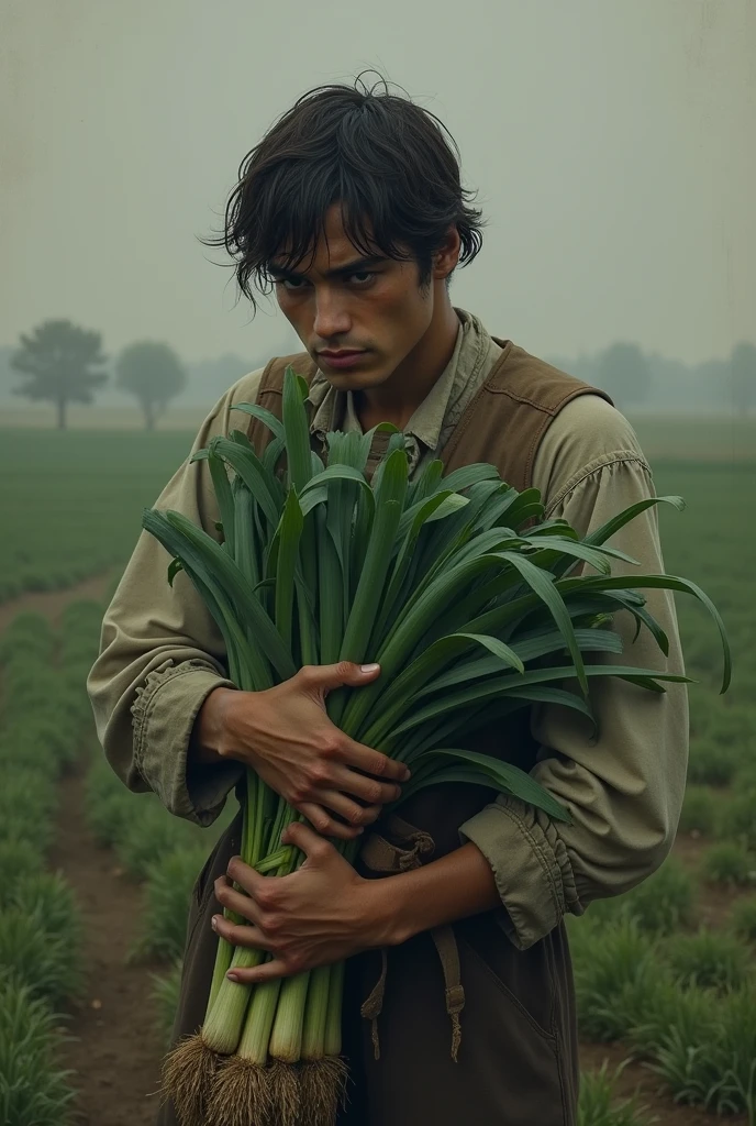 A somewhat lifeless image of a young farmer holding some leeks.