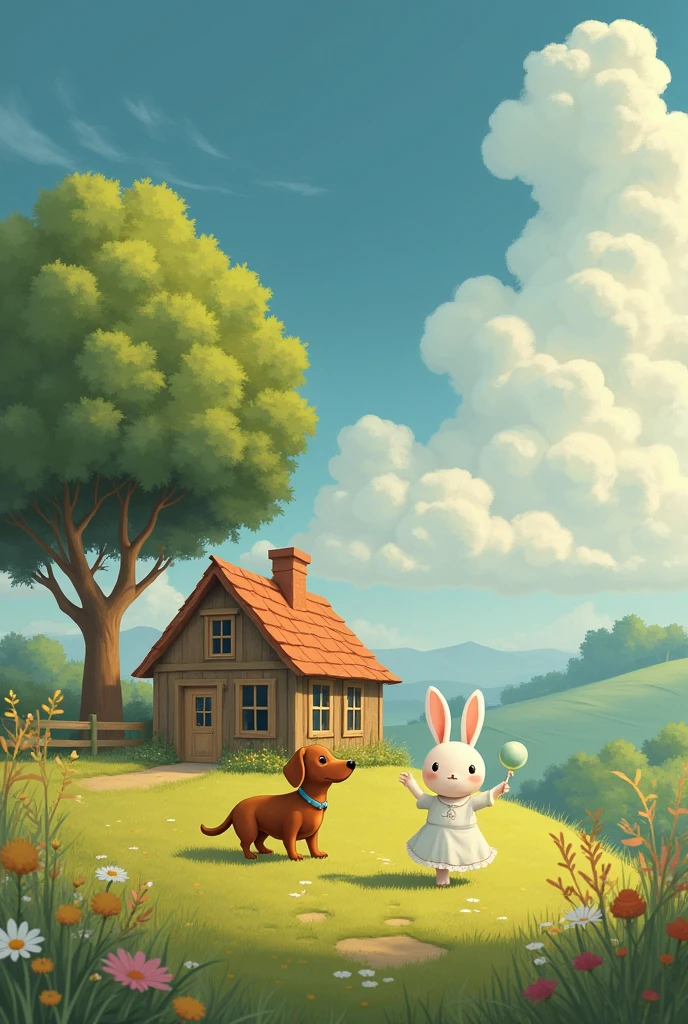 A girl rabbit wearing a white dress has a brown dachshund next to her, they are playing together. They stand in front of a wooden house on a hillside with a big tree. There are low clouds in the sky.