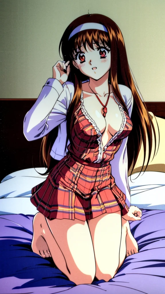 Yuuki Mizuho, One person, alone, Long Hair, hair band, Brown Hair, Red eyes, Plaid, Striped, ribbon, Open your mouth, Plaid スカート, blush, Lips parted, liar, On the bed, Raise your arms, From above, retro artstyle, Long sleeve, White shirt, ghostwhite Good, ghostwhite panties, barefoot, Lack of shoes, No skirt, cowgirl position, open legs, on bed, 1990s (style), expensive quality, very_expensive_solve, big_file size, Full Color,(nup, plunging necklines:1.5)