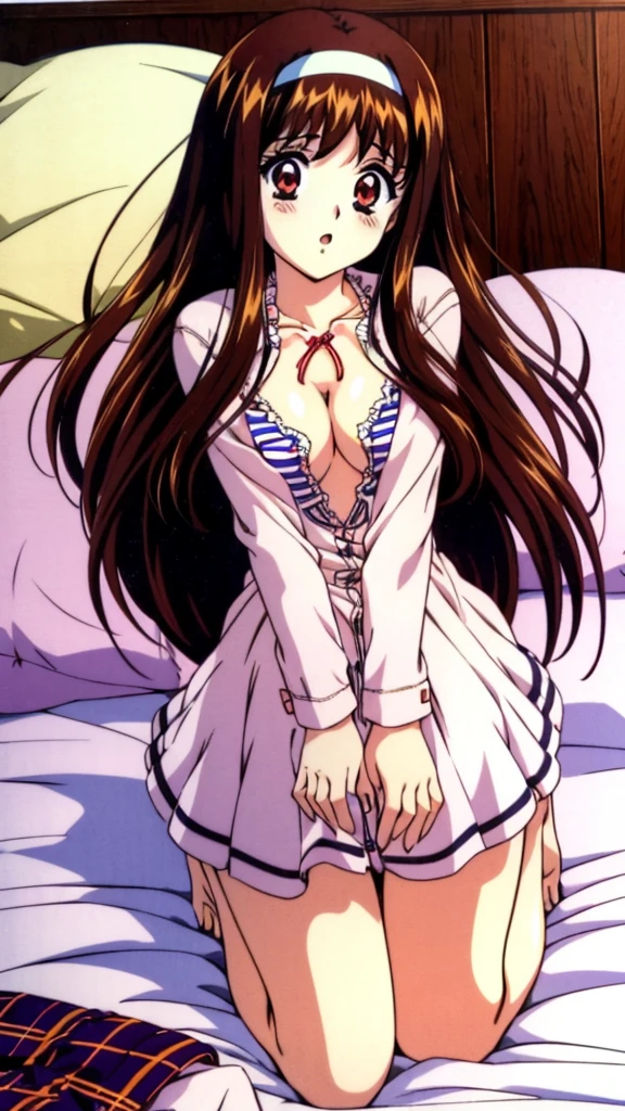 Yuuki Mizuho, One person, alone, Long Hair, hair band, Brown Hair, Red eyes, Plaid, Striped, ribbon, Open your mouth, Plaid スカート, blush, Lips parted, liar, On the bed, Raise your arms, From above, retro artstyle, Long sleeve, White shirt, ghostwhite　Good, ghostwhite panties, barefoot, Lack of shoes, No skirt, cowgirl position, open legs, on bed, 1990s (style), expensive quality, very_expensive_solve, big_file size, Full Color,(nup, plunging necklines:1.5)