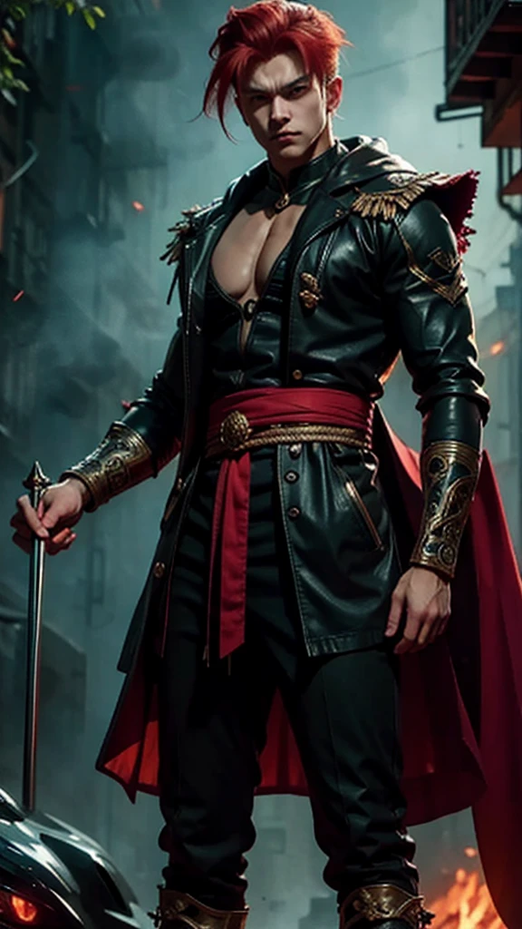 An 8k masterpiece, the highest resolution, every detail, meticulous detail, depth of field, bright colors, beautiful composition: beautifully undertake an 18-year-old anime character Gohan with brilliant red hair and beautifully detailed glowing eyes, standing on a dark and ominous background. This handsome demon slayer is the epitome of bad guys in the fantasy art world.