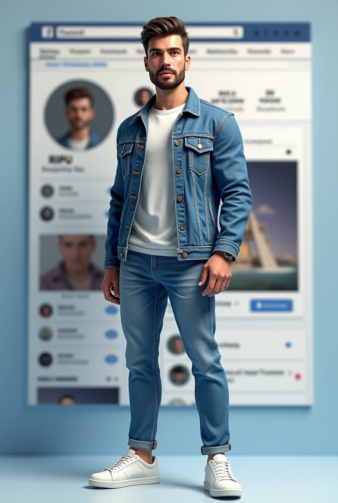 Create a 3D illustration of realistic character a man casually infront of a Facebook social media". The character must wear casual modern clothing such as jeans jacket and sneakers shoes. The background of the image is a social media profile page with a Kali editing"RIPU" and a profile picture that match.