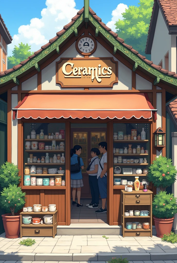 I want a store that sells small ceramics and is well decorated, I want to see more of that store,I want to see it from another perspective, from the outside, that the store is wider on the sides and has a nice roof