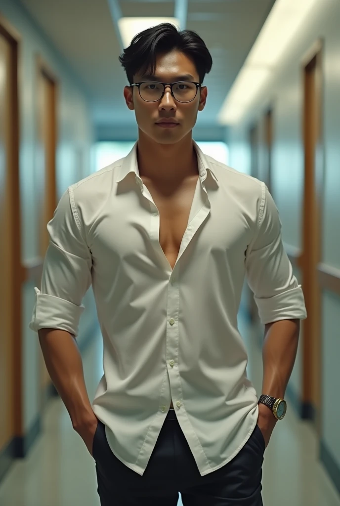 Korean gentleman,super big breasts ,teacher,shiny tight clothes, tanned skin,clean shave,walk the hallway,Handsome and elegant,wear glasses, sexy , Masculine and handsome,musculous,Muscles look good,,, Full body photo,(ultra-detailed, photorealistic, best quality, 4k, 8k, highres, masterpiece:1.3),charming and distinguished , (muscular build body), wearing tailored shiny dress light colored shirt, open chest shirt, showing off body, toned abs and full chest,show off panty waistband,sweat, unbutton buttons shirt, lewd face ,tight chest, sex,See-through shirt, erotic, horny, , Accessories include a luxury wristwatch, in school,looking at viewer,muscle veins,no underwear ,Tight shirt makes muscle,unbutton,six pack,