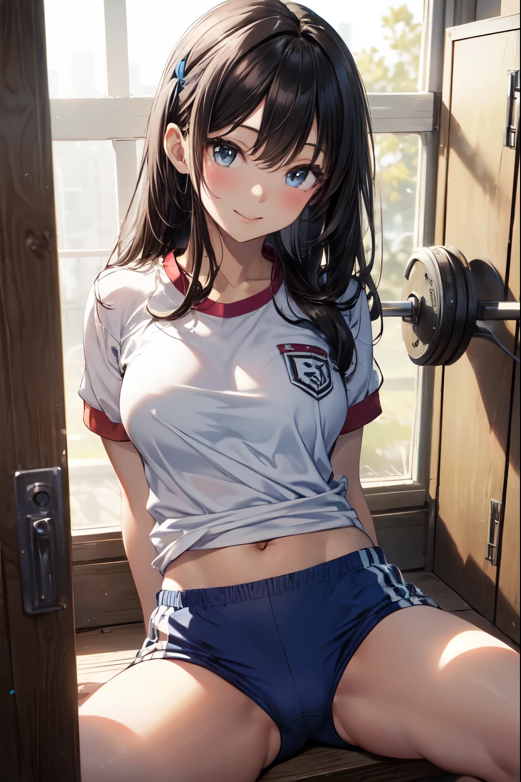 very cute and beautiful girl,(highly detailed beautiful face and eyes),(seductive smile),blush,looking at viewer, (japanese ladies gym uniform),(blue bloomers),sitting,spread legs,arms behind back, locker room in training gym,black hair,hair band, (best quality,masterpiece),absurdres,highres,ultra-detailed,extremely detailed,32k,8k resolution, intricate details,cinematic scene,detailed background,solo,dynamic angle,(realistic),perfect hands,