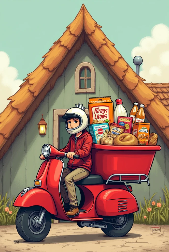 Large red cargo motorcycle with driver, with a large red basin with drinks, cereals, bottled milk, bean bag, packaged bread, excluding vegetables, behind the triangular roof of a hand-drawn cartoon style house