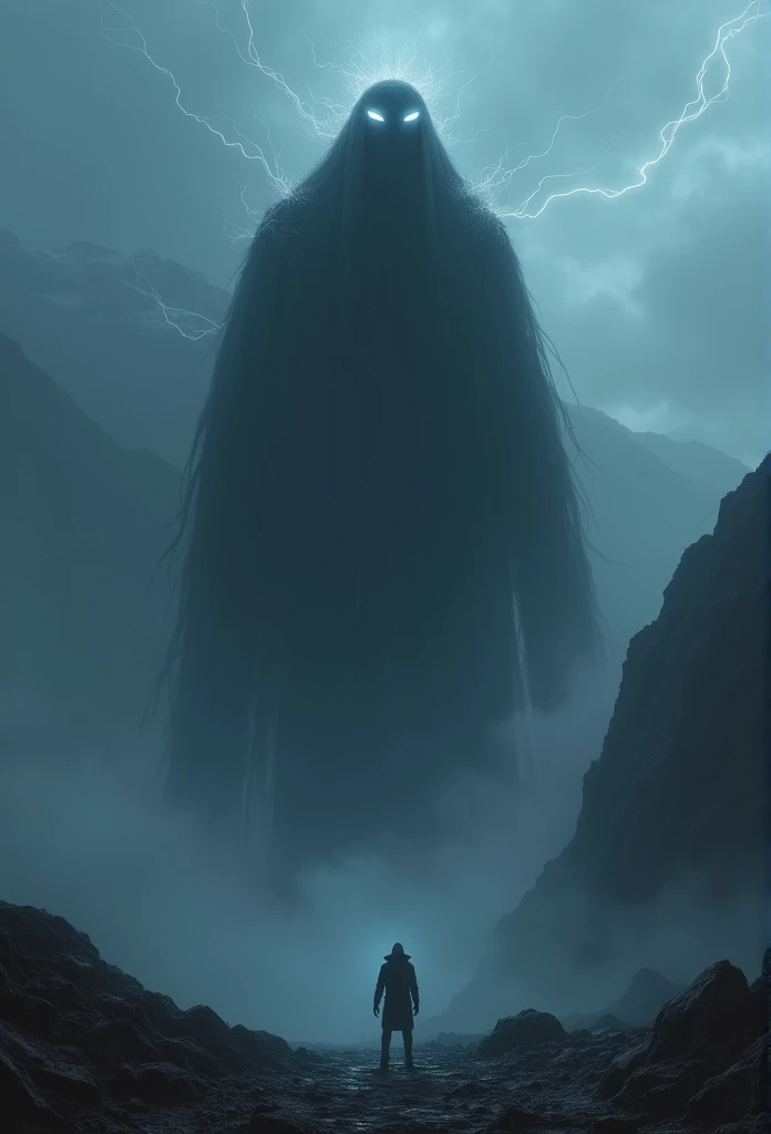 The total length is over 30 meters. It lurks in a dark cloud and emits electromagnetic waves from its body. Night sky in a mountainous area shrouded in fog and strong winds. It has an ambiguous shape, like a shadow, and does not reflect light, becoming one with the darkness. The eerie eyes glow faintly, and the overall atmosphere is mysterious and frightening,