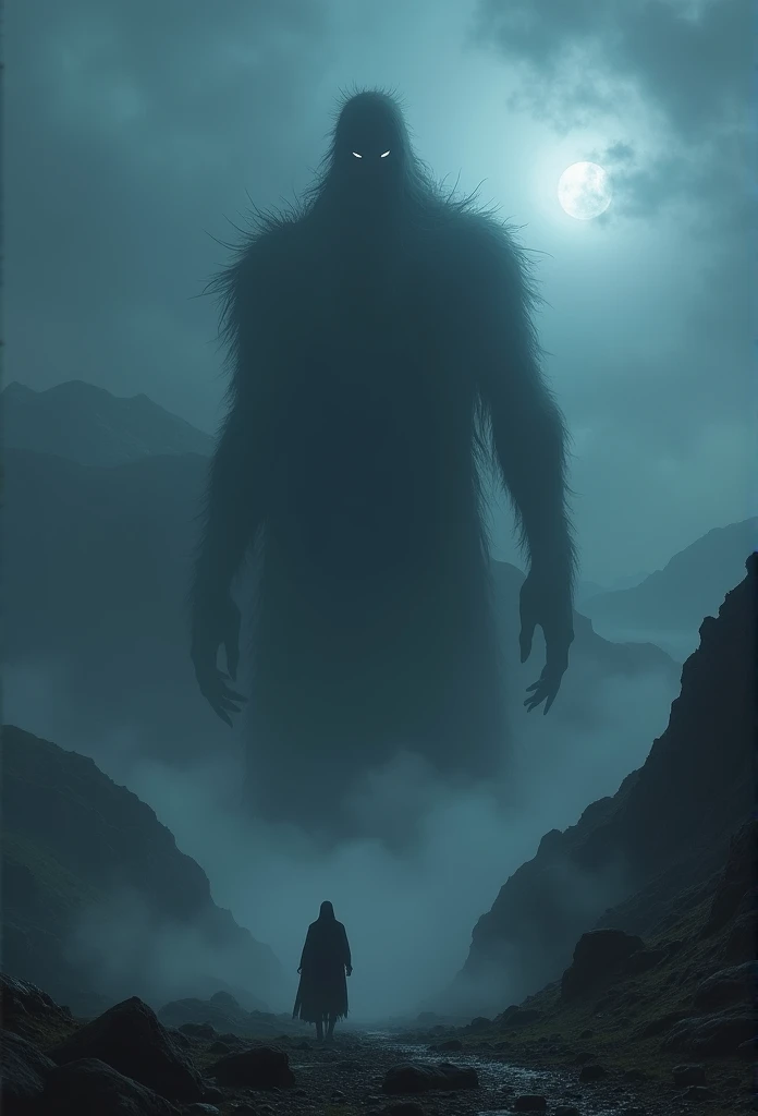 The total length is over 30 meters. It lurks in a dark cloud and emits electromagnetic waves from its body. Night sky in a mountainous area shrouded in fog and strong winds. It has an ambiguous shape, like a shadow, and does not reflect light, becoming one with the darkness. The eerie eyes glow faintly, and the overall atmosphere is mysterious and frightening,