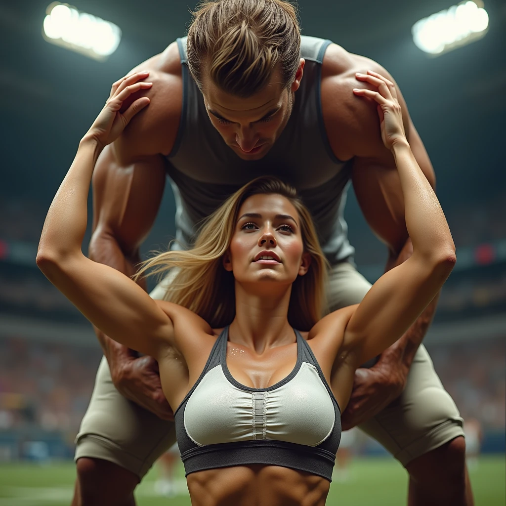 Blonde, Beautiful, and strong cheerleader lifting a large male football player in her strong arms. Photorealistic 