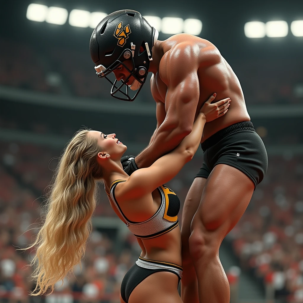 Blonde, Beautiful, and strong cheerleader lifting a large male football player in her strong arms. Photorealistic 