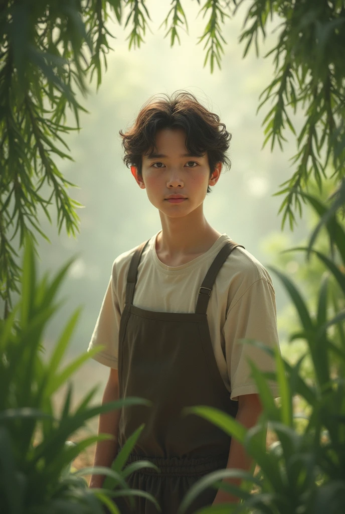 A low key image of a minimalist young farmer with some branches of leek