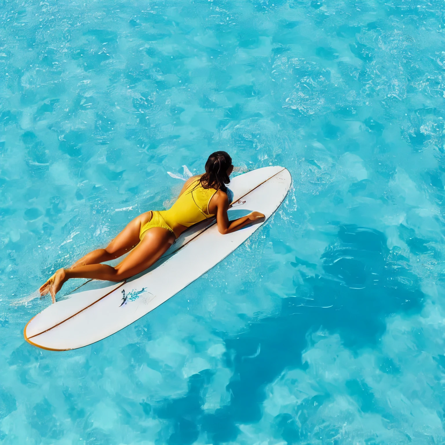 A woman lying on her back on a surfboard floating in the ocean、Accurately draw the shape of a woman and a surfboard.、Photograph the whole body、From above、 alone, In colorful swimsuits、Short black hair、Beautiful Face、Detailed Description、Transparent sea、Calm sea without waves、(Highest quality, masterpiece, High resolution)、8k、wallpaper、