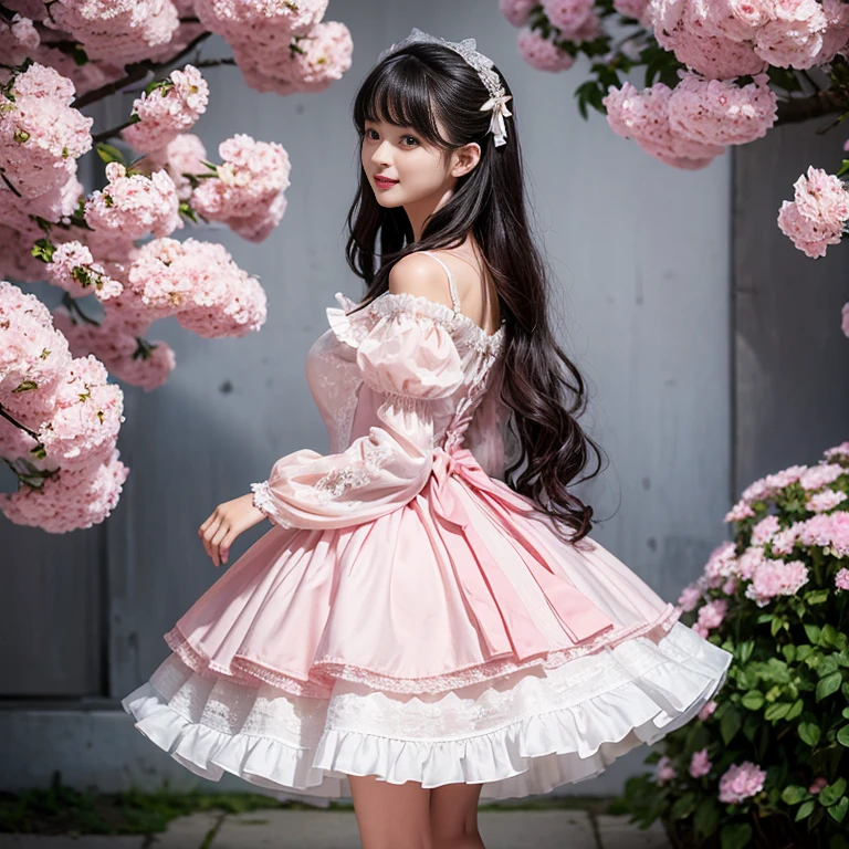 Side view,side angle, Bow tie at the back of the waist, There is a bow on the back,Sideways photo, Skirt length to calf, cupcake dress, Layered skirt with lace on each layer, Put on a lolita dress, layered dress, Pink Lolita dress, lots of lace, Long sleeve, Wide sleeves, Big Skirt, Layered lace skirt, Lace skirt,Puff sleeves, Wide sleeves, Transparent sleeves, intricate details showcase the ruffles and intricate designs of the Lolita dress, Wearing a lolita dress, in a sea of flowers, best quality, Delicate face,beautiful visual work, lifelike, eternity, black hair, Long curly hair, blunt bangs, Smile, Detailed Background, Delicate face,blush,cold,((masterpiece))、(top quality)、8k、high detail、Super detailed,41 years old,woman, masterpiece、born、Scenes resembling fairy tale illustrations、intricate details和複雜的設計、Beautifully、magic、capricious、 Beautifully、Dream aesthetics、「𝓡𝓸𝓶𝓪𝓷𝓽𝓲𝓬、ethereal、charming、fickle、magic」、realism、Visual effects、FXAA、SSAO、Shader、voiceless、ambient lighting、Tone mapping、High resolution、Ultra high quality、Million pixels、(8K resolution:1.10)、8k、8k以下、8K resolution、high detail、intricate details, (high quality:1.2、masterpiece:1.2、:1.21)、(41 years old,woman:1.21)、(興奮地Smile)、(Surrounded by a dreamy atmosphere、Model diagram,full-body shot,Normal 2 feet,Put your hands behind your back,Breast protrusion visible when wearing clothes, Large Breasts, H cup chest, pink dress, Don't show your fingers, full-body shot, full-body shot,full-body shot,full-body shot,full-body shot,full-body shot,full-body shot,full-body shot,Hands hidden in clothes, Hands hidden in clothes,Hands hidden in clothes,Hands hidden in clothes,Hands hidden in clothes,Hands hidden in clothes,Hands hidden in clothes,Hands hidden in clothes,Hands hidden in clothes, ,Hide your hands in your sleeves ,Hide your hands in your sleeves ,Hide your hands in your sleeves ,Hide your hands in your sleeves ,Hide your hands in your sleeves ,Hide your hands in your sleeves ,Hide your hands in your sleeves ,Hide your hands in your sleeves, Put your arms behind your back, Put your arms behind your back, side view