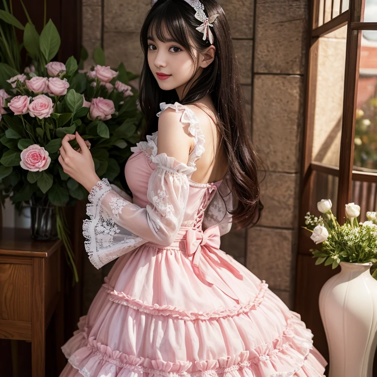 Side view,side angle, Bow tie at the back of the waist, There is a bow on the back，Sideways photo, Skirt length to calf, cupcake dress, Layered skirt with lace on each layer, Put on a lolita dress, layered dress, Pink Lolita dress, lots of lace, Long sleeve, Wide sleeves, Big Skirt, Layered lace skirt, Lace skirt，Puff sleeves, Wide sleeves, Transparent sleeves, intricate details showcase the ruffles and intricate designs of the Lolita dress, Wearing a lolita dress, in a sea of flowers, best quality, Delicate face，beautiful visual work, lifelike, eternity, black hair, Long curly hair, blunt bangs, Smile, Detailed Background, Delicate face，blush，cold，((masterpiece))、(top quality)、8k、high detail、Super detailed，41 years old，woman， masterpiece、born、Scenes resembling fairy tale illustrations、intricate details和複雜的設計、Beautifully、magic、capricious、 Beautifully、Dream aesthetics、「𝓡𝓸𝓶𝓪𝓷𝓽𝓲𝓬、ethereal、charming、fickle、magic」、realism、Visual effects、FXAA、SSAO、Shader、voiceless、ambient lighting、Tone mapping、High resolution、Ultra high quality、Million pixels、(8K resolution:1.10)、8k、8k以下、8K resolution、high detail、intricate details， (high quality:1.2、masterpiece:1.2、:1.21)、(41 years old，woman:1.21)、(興奮地Smile)、(Surrounded by a dreamy atmosphere、Model diagram，full-body shot，Normal 2 feet，Put your hands behind your back，Breast protrusion visible when wearing clothes, Large Breasts, H cup chest, pink dress, Don't show your fingers, full-body shot， full-body shot，full-body shot，full-body shot，full-body shot，full-body shot，full-body shot，full-body shot，Hands hidden in clothes, Hands hidden in clothes,Hands hidden in clothes,Hands hidden in clothes,Hands hidden in clothes,Hands hidden in clothes,Hands hidden in clothes,Hands hidden in clothes,Hands hidden in clothes, ,Hide your hands in your sleeves ,Hide your hands in your sleeves ,Hide your hands in your sleeves ,Hide your hands in your sleeves ,Hide your hands in your sleeves ,Hide your hands in your sleeves ,Hide your hands in your sleeves ,Hide your hands in your sleeves, Put your arms behind your back, Put your arms behind your back, side view