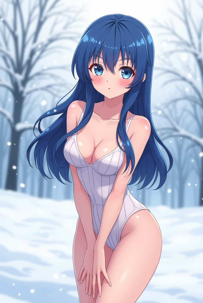 todoshizuko, purple hair, ponytail, hair ribbon, long hair, blue eyes, makeup, ars old,  empty eyes, large breasts, nipple, Running, Heavy snowfall area, frozen, (Sweating profusely, Love juice, Wet Woman, female ejaculation) crying, mountain, Alone, crying, Naked, solo, 1girl, Peeing, lactation, projectile lactation