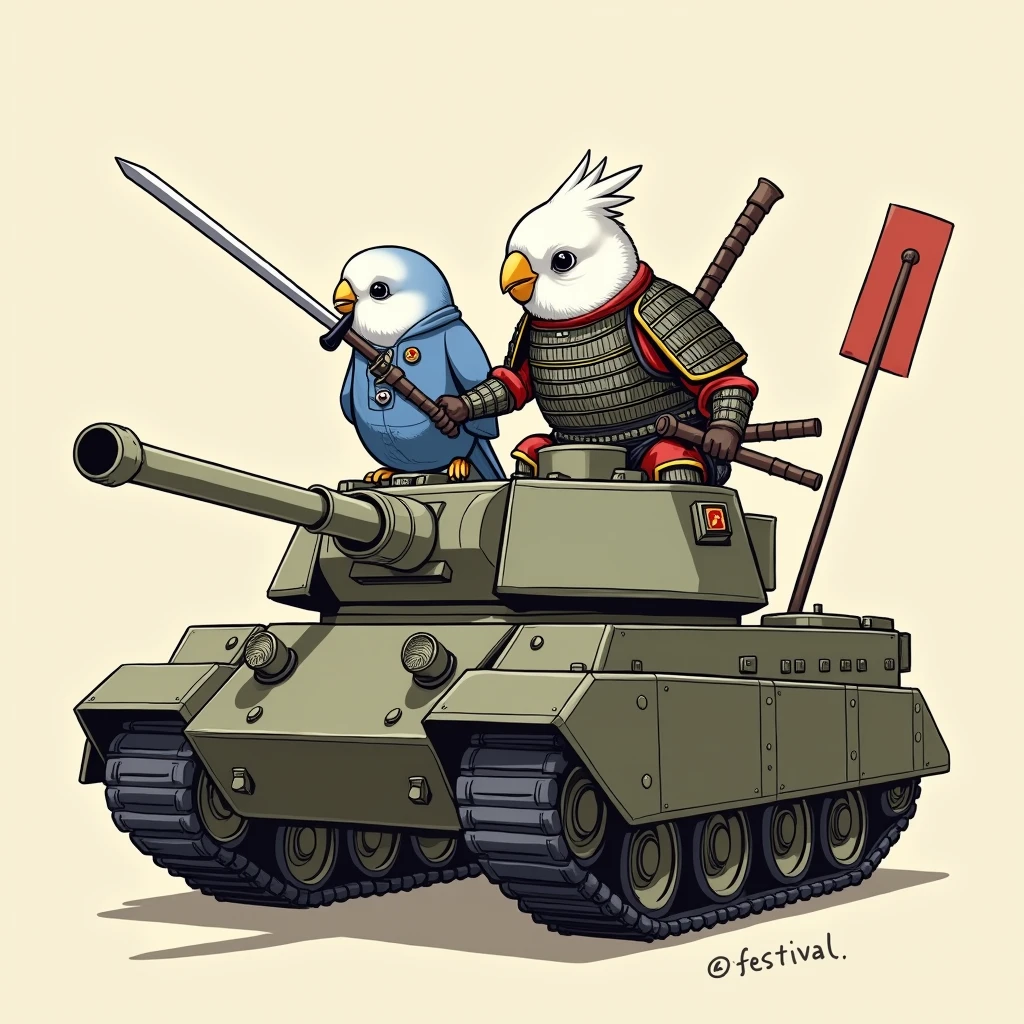 A small white bird wearing a Japanese kimono and riding a caterpillar tank, and a blue-winged, white-headed, round-eyed budgerigar wearing a military uniform.