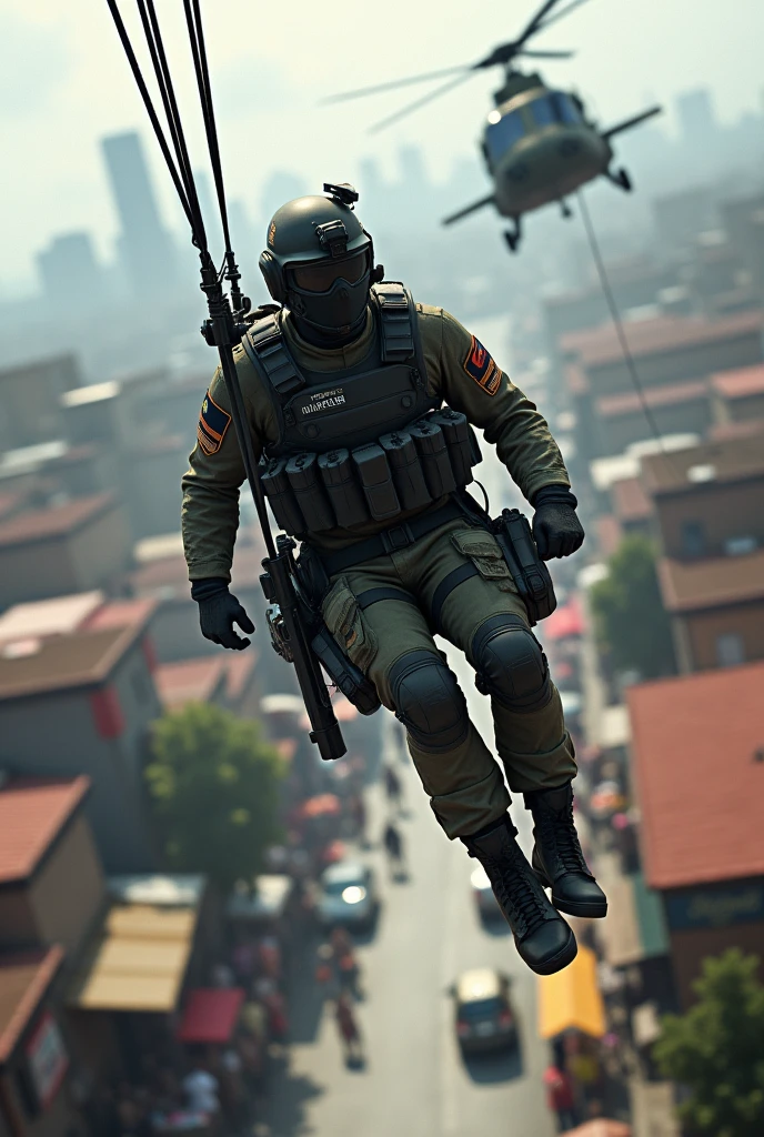 Create a tactical soldier who says Alex Garcia on his uniform., rappelling from a helicopter over the city of Chilpancingo Guerrero, in the Baltazar R market area. Leyva defiles
