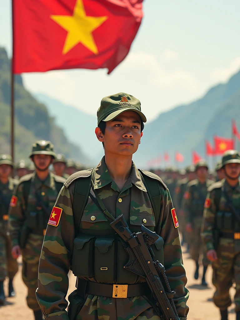 Images of the Vietnamese military often include the following elements:

1. **Uniform**: Soldiers often wear green or camouflage uniforms, representing camouflage in mountainous environments. Baseball caps or pith helmets are also part of the uniform. Soldiers sometimes carry equipment such as backpacks, belts, and personal weapons.

2. **Activities**: The Vietnamese military may be depicted in training activities, patrolling, or participating in border and territorial protection campaigns. These activities often take place in natural environments such as mountains or plains.

3. **Military equipment**: Images may also include military vehicles such as tanks, armored vehicles, helicopters, or other heavy weapons. The Vietnamese military also uses air defense systems and other tactical weapons.

 4. **Spirit**: Images of the Vietnamese military often show fighting spirit, resilience and patriotism. Soldiers are often depicted with serious expressions, focused and ready to carry out their missions.

5. **Parades**: During national events or celebrations, images of the Vietnamese military may include parades with neat ranks, red flags with yellow stars, and soldiers marching in unison, demonstrating strength and solidarity.