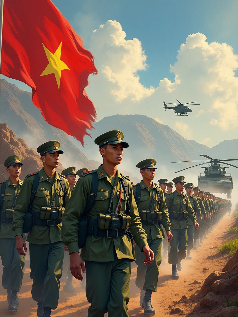 Images of the Vietnamese military often include the following elements:

1. **Uniform**: Soldiers often wear green or camouflage uniforms, representing camouflage in mountainous environments. Baseball caps or pith helmets are also part of the uniform. Soldiers sometimes carry equipment such as backpacks, belts, and personal weapons.

2. **Activities**: The Vietnamese military may be depicted in training activities, patrolling, or participating in border and territorial protection campaigns. These activities often take place in natural environments such as mountains or plains.

3. **Military equipment**: Images may also include military vehicles such as tanks, armored vehicles, helicopters, or other heavy weapons. The Vietnamese military also uses air defense systems and other tactical weapons.

 4. **Spirit**: Images of the Vietnamese military often show fighting spirit, resilience and patriotism. Soldiers are often depicted with serious expressions, focused and ready to carry out their missions.

5. **Parades**: During national events or celebrations, images of the Vietnamese military may include parades with neat ranks, red flags with yellow stars, and soldiers marching in unison, demonstrating strength and solidarity.