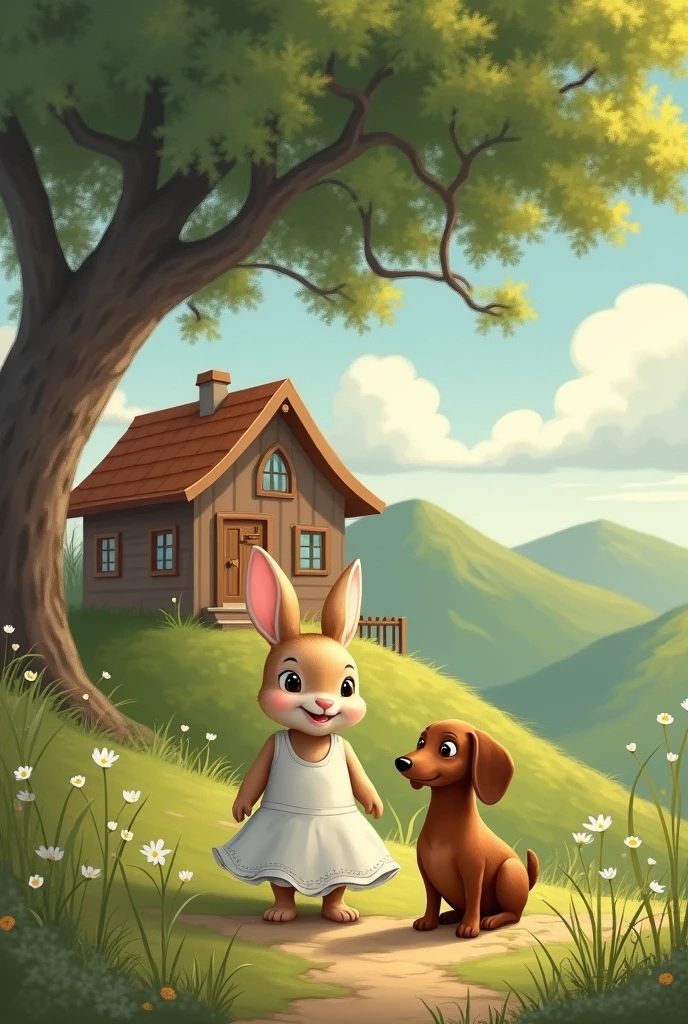 A young rabbit in a white dress, with a brown dachshund by her side, stands in front of a wooden house on a hillside with a large tree. The sky has low-lying clouds.
