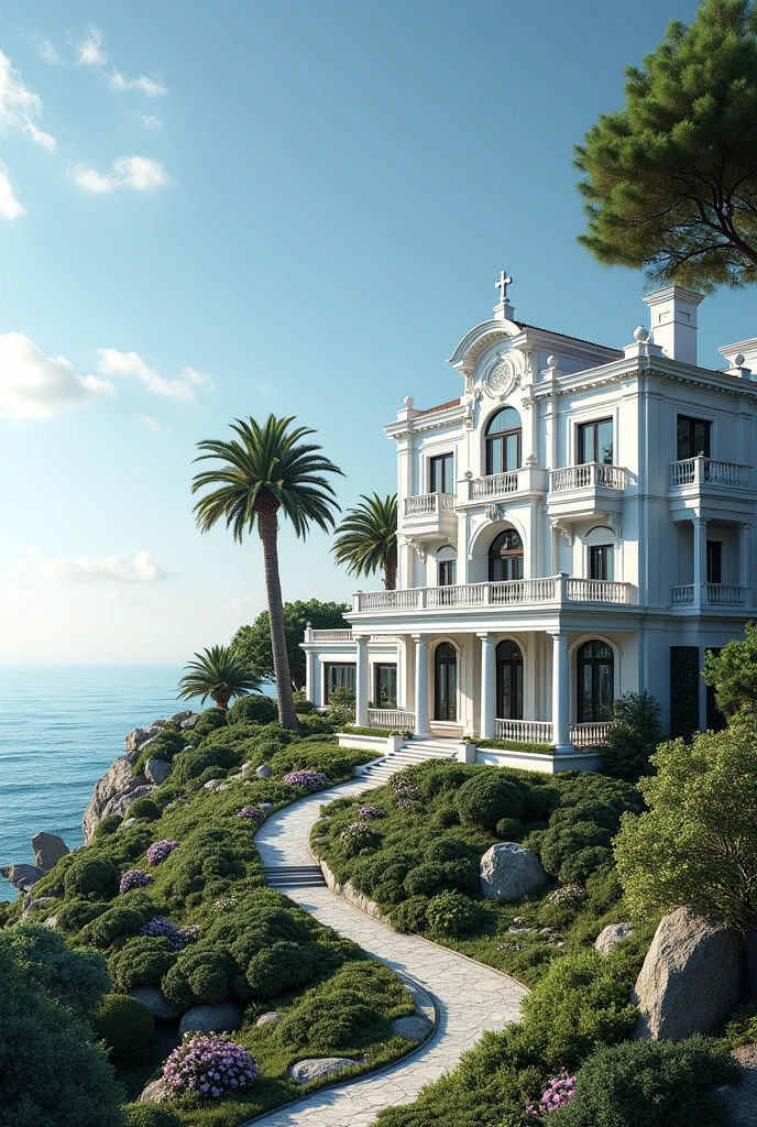 Generate a mansion located in seashore at little height.the mansion is white colour.it has a garden infront of mansion. I want front view. I want sea to be left of mansion. I want a bigger mansion