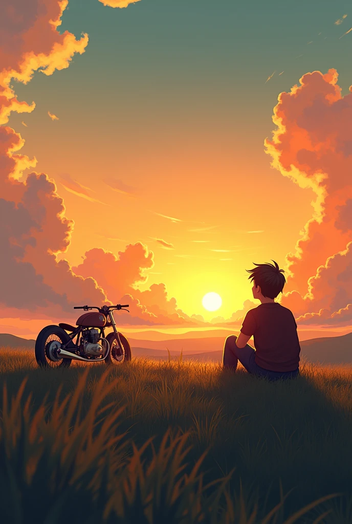 Create a high quality phone wallpaper in which a travelling boy is sitting on grasses behind his motorbike,his bike is parked behind him and looking at the gorgeous sunset across the mountains
Wallpaper should be long enough to fit in android phone screen remove the mountains and add grassland and clouds
Make the bike more cool and make the boy looks depressed
Make the boy more depressed, add more clouds and the bike should be a bobber make the boy sitting on grass and looking ar sunset