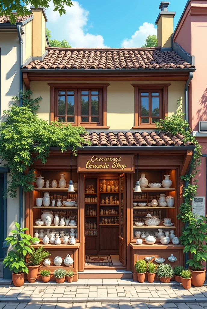 I want a store that sells small ceramics and is well decorated, I want to see more of that store,I want to see it from another perspective, from the outside, that the store is wider on the sides and has a nice roof