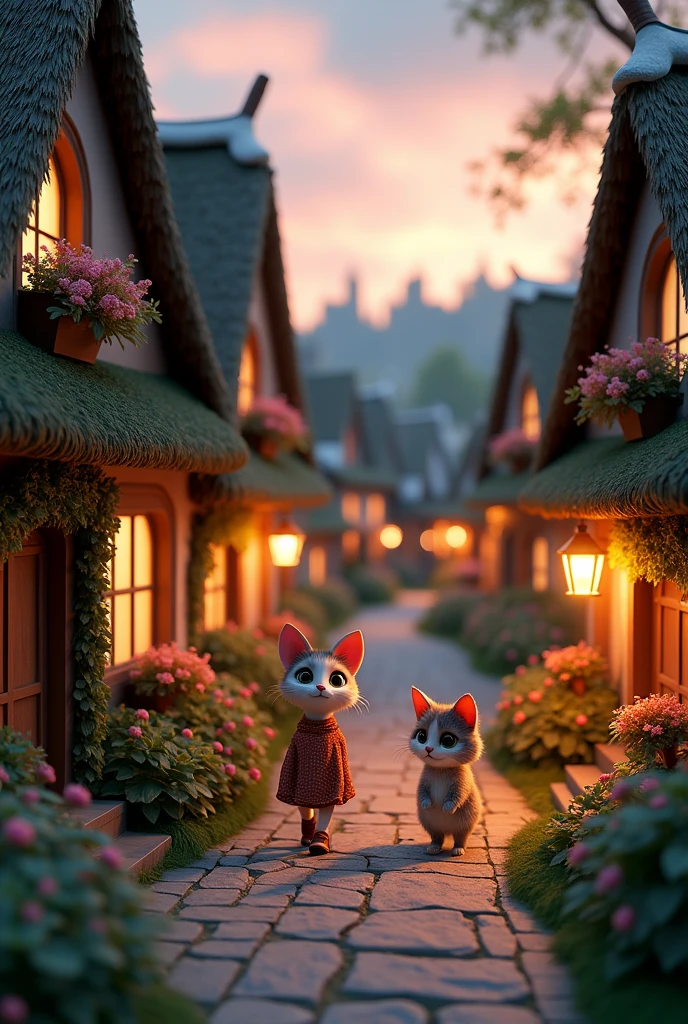 Create cat story in 3d style" Quiet Village:** A serene village with cobblestone streets and quaint houses under a twilight sky."