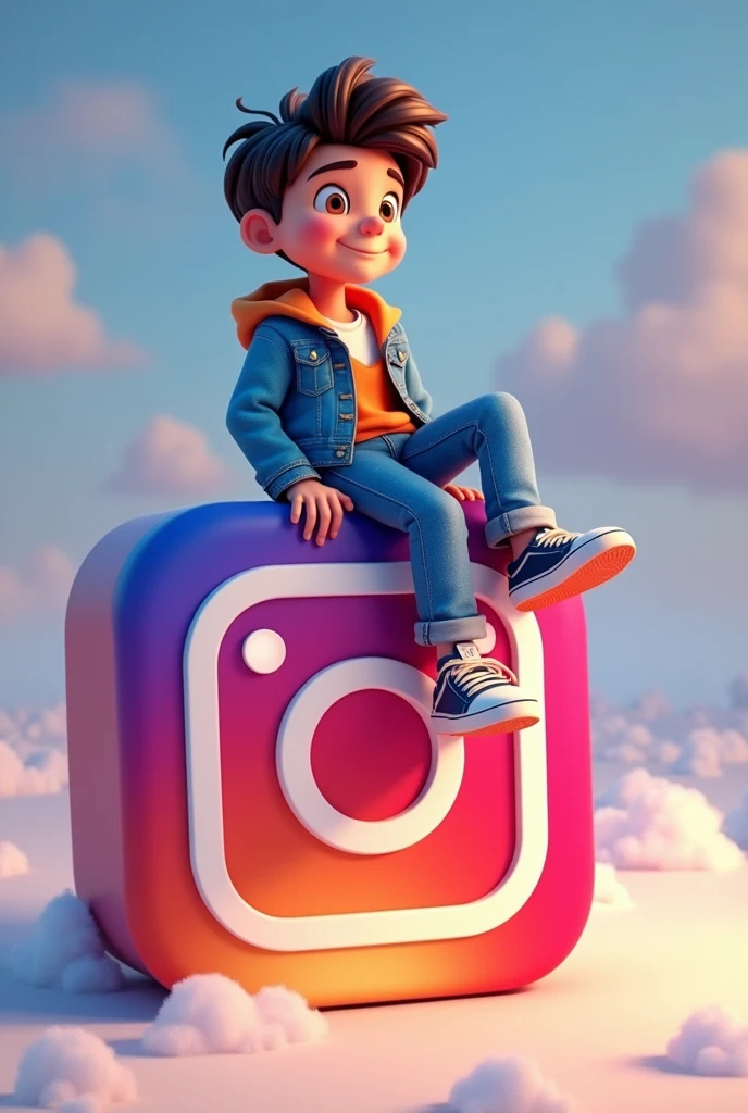 animated character sitting casually on top of a social media logo"Instagram". The Character must wear casual modern clothing such as jeans jacket and sneakers shoes. The background of the image is a social media profile page with a user name "PRAVEEN SAND" And a profile picture that match.