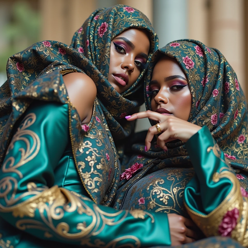 A young glossy-woman with intense-black skin , wearing a colorful, glitter-lacquered-ornate layered-burqa with floral decorations . She has long, dark jilbab tailored and chested and is wearing a slick-black and gold patterned slick-lacquered-satin-suit . The background is blurred, suggesting an palm-cafe or beach-cafe setting,
coquette funeral gothics, shallow depth-of-field, two exhausted intertwined gothic burqa gothics kiss closer while wearing a latex liquid-lacquered jilbab, lewd lesbians together petting too sensually excited, wear enormous glossy shimmering eyeliner eyeshadows lipstick blush rouge makeup, sparkling liquid-lacquered wrap blouse with button-front gothic glossy latex liquid-lacquered jilbab, enormous glittery eyeshadows & lipstick, 'very strongly colored eyelids with broad wide big glossy eye-shadow & enormous glossy eyeshadows' & 'thick eyebrows', wearing a smooth transparent 'glossy satin latex' purple satin iridescent blouse with ruffles & 'gold pleated glossy liquid-lacquered latex' glossy skirt with button-placket, adorned with a pleated purple reflective mirroring satin, with button-placket & dark-brown shiny mirroring gloves, golden long-sleeved floor-length glossy satin vest with a button-placket & glossy brown latex long-tunic shimmer wetlook glitter leggings & latex jilbab with high-collar blouse