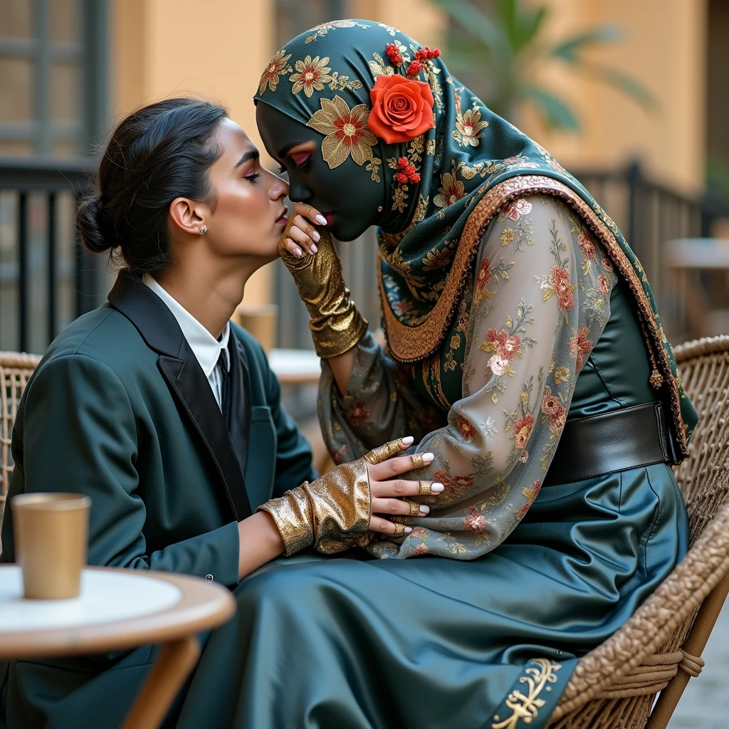 A young glossy-woman with intense-black skin , wearing a colorful, glitter-lacquered-ornate layered-burqa with floral decorations . She has long, dark jilbab tailored and chested and is wearing a slick-black and gold patterned slick-lacquered-satin-suit . The background is blurred, suggesting an palm-cafe or beach-cafe setting,

coquette funeral gothics, shallow depth-of-field, two exhausted intertwined gothic burqa gothics kiss closer while wearing a latex liquid-lacquered jilbab, lewd lesbians together petting too sensually excited, wear enormous glossy shimmering eyeliner eyeshadows lipstick blush rouge makeup, sparkling liquid-lacquered wrap blouse with button-front gothic glossy latex liquid-lacquered jilbab, enormous glittery eyeshadows & lipstick, 'very strongly colored eyelids with broad wide big glossy eye-shadow & enormous glossy eyeshadows' & 'thick eyebrows', wearing a smooth transparent 'glossy satin latex' purple satin iridescent blouse with ruffles & 'gold pleated glossy liquid-lacquered latex' glossy skirt with button-placket, adorned with a pleated purple reflective mirroring satin, with button-placket & dark-brown shiny mirroring gloves, golden long-sleeved floor-length glossy satin vest with a button-placket & glossy brown latex long-tunic shimmer wetlook glitter leggings & latex jilbab with high-collar blouse