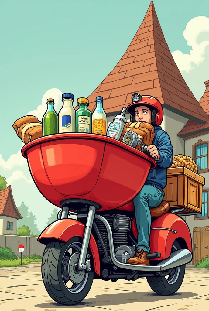 Large red cargo motorcycle with driver, with a large red basin with drinks, cereals, bottled milk, bean bag, packaged bread, excluding vegetables, behind the triangular roof of a hand-drawn cartoon style house