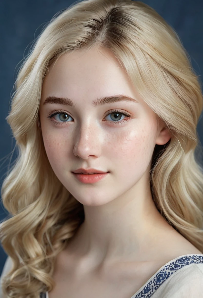 A very beautiful realistic girl, central Asian girl, 15-years-old, porcelain skin, very fair skin, very pale skin, blonde hair, wavy, freckles skin, hazel eyes, slant eyes, small nose, thick curved eyebrow, seductive gaze, happy face, unique face, detail photo, realistic photo, master piece picture, sharp picture. Wearing top and full photo