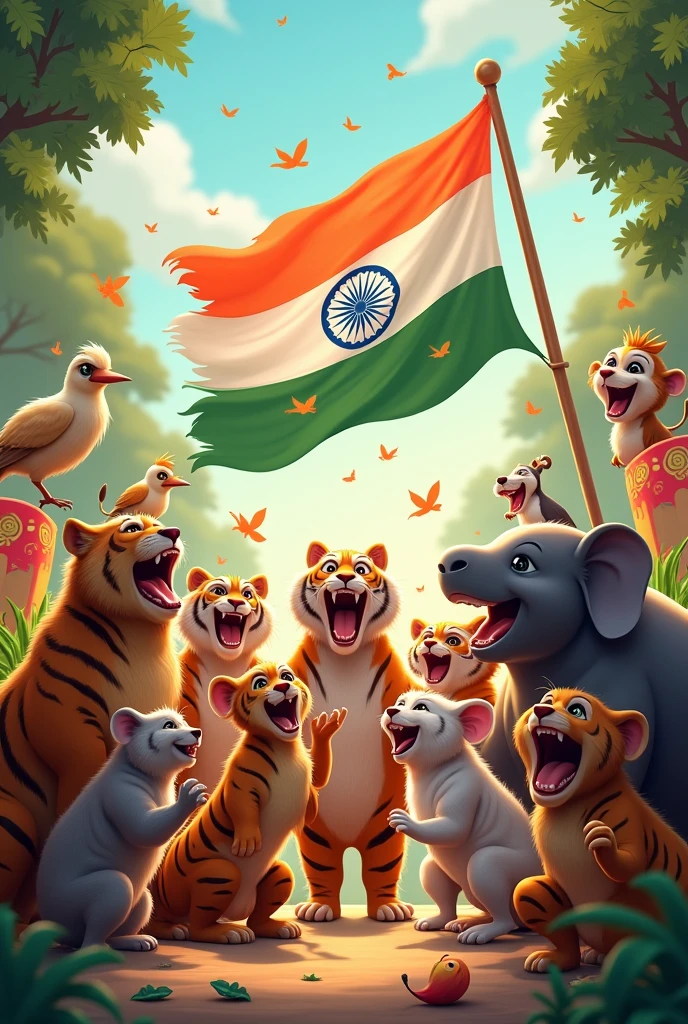 Animals sing song in independence day with indian flag