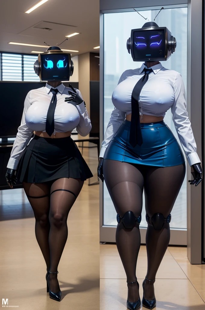 (masterpiece) (high Res), (robot), (Perfect face), (perfect anatomy) Television Head, woman in super tight clothes, (office suit), (mini skirt), shirt, tie, blue glowing eyes, huge breast, narrow waist, wide hips, thick thighs, Brown skin, metal body, black high heels, (TV Head), (tv girl), (Television Head)