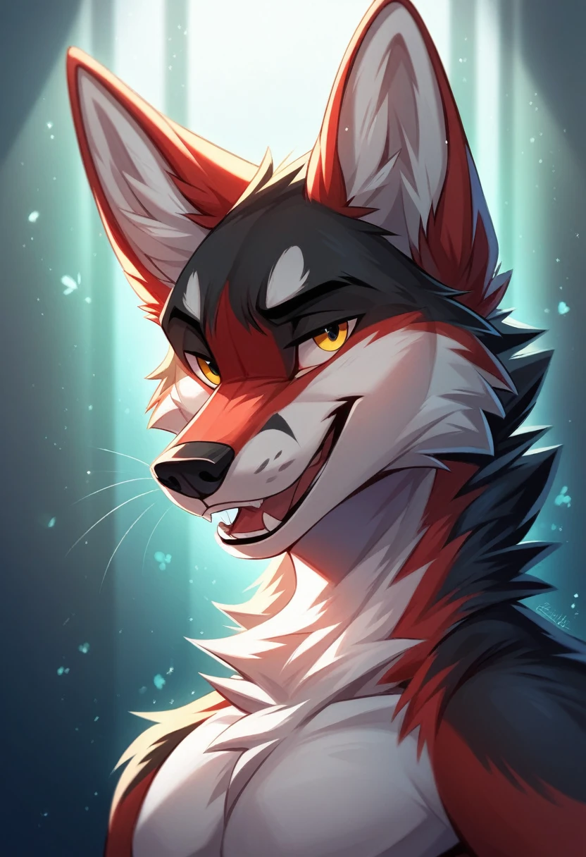 solo male, white coyote furry, furry, mouth open, smiling, red fur, Black fur stripe, netral, Traumatized face, dynamic lighting, illustration, beautiful, particles (high quality,4k,8k,highres,masterpiece:1.2), ultra-detailed, impressionistic:colorful,]