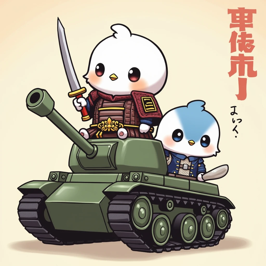 A pure white, roundish long-tailed tit wearing samurai armor riding a tank, wielding a sword, and a blue budgerigar with a white head wearing a military uniform.。Please include the kanji for "festival" in the corner.
