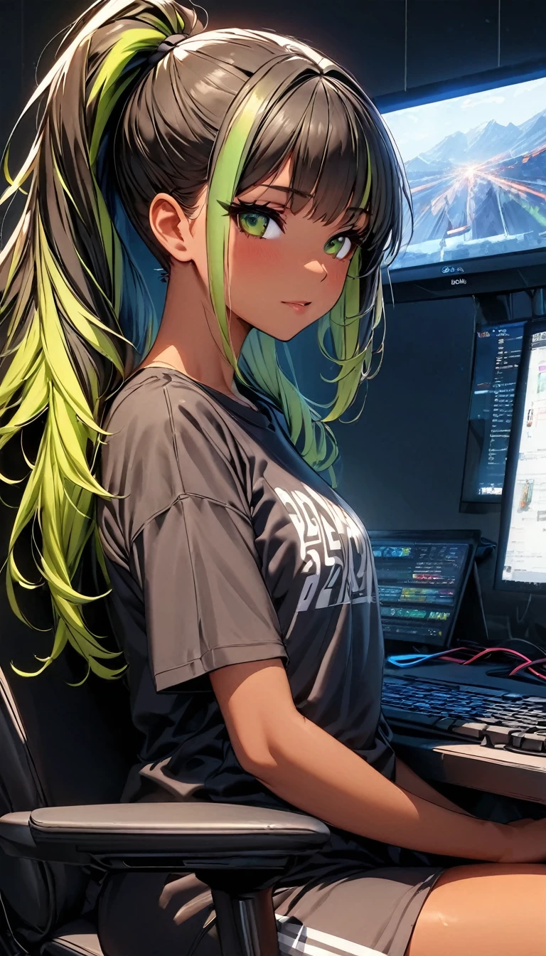 (highest quality:1.2, Very detailed, up to date, Vibrant, Ultra-high resolution, High Contrast, masterpiece:1.2, highest quality, Best aesthetics), Portraiture、girl、((25 years old:1.8)), (slim:1.2), Bright colors、Beautiful fine details、Beautiful lip detail、long hair, (ponytail:1.3), white and yellow green ((streaked hair:1.6)), highlights hair: 1.5, (small breast,:1) (tan skin:1.2), black t-shirt, pants, ((wear headphone:1)), game programer, typing keyboard on the desk PC., sitting gaming chair, glasses, side shot, (cowboy shot:1.1), (look at PC on the desk:1), upper body
