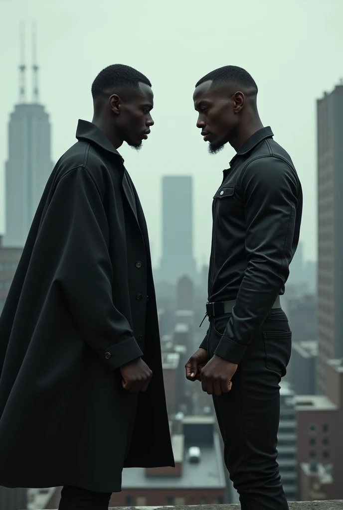 Two rival black brothers, 18 years old, on top of buildings dressed in black, photos taken behind their backs