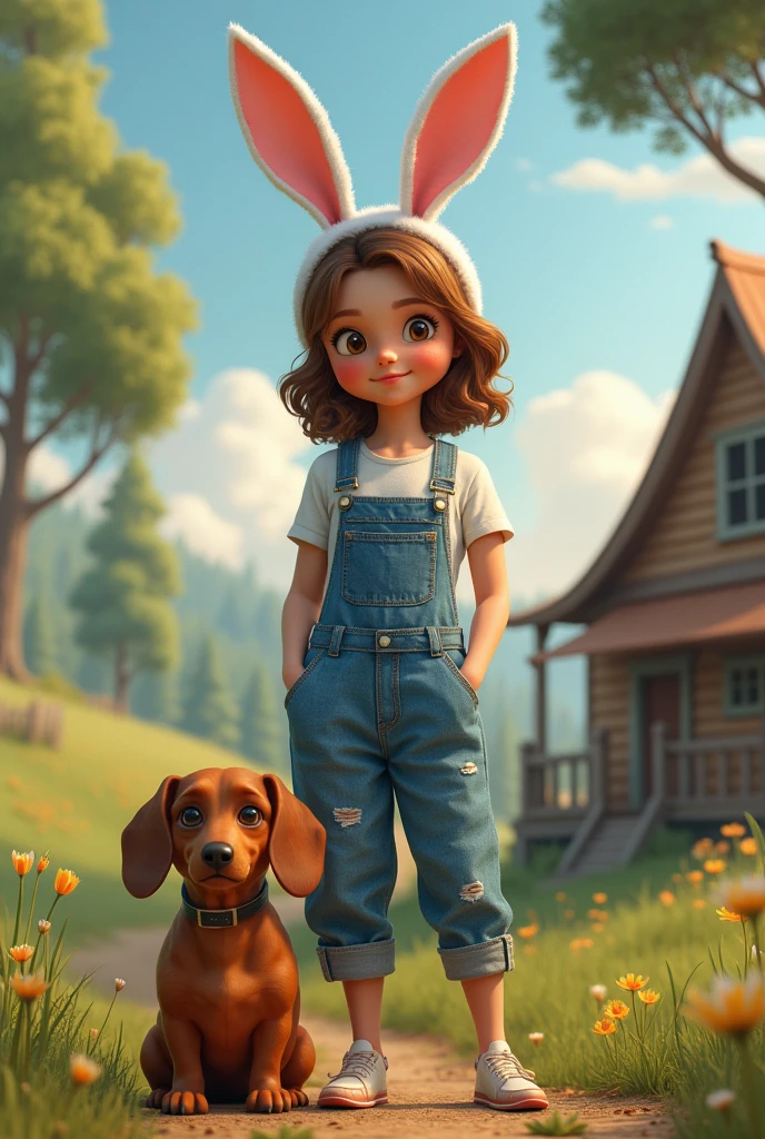 A young woman with bunny ears wearing denim overalls
 stands with a brown dachshund by her side
 in front of a wooden house on a hillside with large trees. The sky has low-lying clouds.

