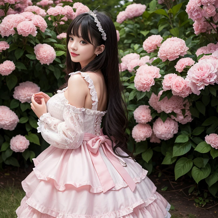 Side view,side angle, Bow tie at the back of the waist, There is a bow on the back，Sideways photo, Skirt length to calf, cupcake dress, Layered skirt with lace on each layer, Put on a lolita dress, layered dress, Pink Lolita dress, lots of lace, Long sleeve, Wide sleeves, Big Skirt, Layered lace skirt, Lace skirt，Puff sleeves, Wide sleeves, Transparent sleeves, intricate details showcase the ruffles and intricate designs of the Lolita dress, Wearing a lolita dress, in a sea of flowers, best quality, Delicate face，beautiful visual work, lifelike, eternity, black hair, Long curly hair, blunt bangs, Smile, Detailed Background, Delicate face，blush，cold，((masterpiece))、(top quality)、8k、high detail、Super detailed，41 years old，woman， masterpiece、born、Scenes resembling fairy tale illustrations、intricate details和複雜的設計、Beautifully、magic、capricious、 Beautifully、Dream aesthetics、「𝓡𝓸𝓶𝓪𝓷𝓽𝓲𝓬、ethereal、charming、fickle、magic」、realism、Visual effects、FXAA、SSAO、Shader、voiceless、ambient lighting、Tone mapping、High resolution、Ultra high quality、Million pixels、(8K resolution:1.10)、8k、8k以下、8K resolution、high detail、intricate details， (high quality:1.2、masterpiece:1.2、:1.21)、(41 years old，woman:1.21)、(興奮地Smile)、(Surrounded by a dreamy atmosphere、Model diagram，full-body shot，Normal 2 feet，Put your hands behind your back，Breast protrusion visible when wearing clothes, Large Breasts, H cup chest, pink dress, Don't show your fingers, full-body shot， full-body shot，full-body shot，full-body shot，full-body shot，full-body shot，full-body shot，full-body shot，Hands hidden in clothes, Hands hidden in clothes,Hands hidden in clothes,Hands hidden in clothes,Hands hidden in clothes,Hands hidden in clothes,Hands hidden in clothes,Hands hidden in clothes,Hands hidden in clothes, ,Hide your hands in your sleeves ,Hide your hands in your sleeves ,Hide your hands in your sleeves ,Hide your hands in your sleeves ,Hide your hands in your sleeves ,Hide your hands in your sleeves ,Hide your hands in your sleeves ,Hide your hands in your sleeves, Put your arms behind your back, Put your arms behind your back, side view