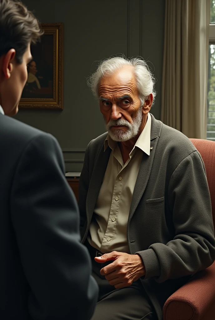 The old man slowly standing up from his chair, his eyes fixed on Vikram.