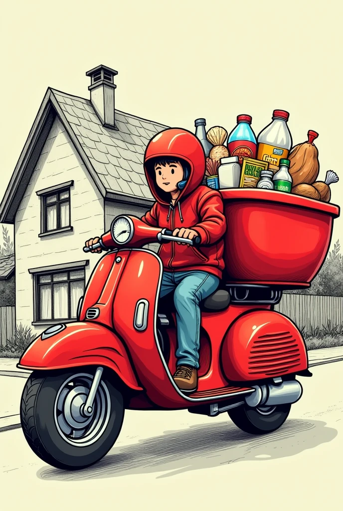 Large red cargo motorcycle with driver, with a large red basin with drinks, cereals, bottled milk, bean bag, packaged bread, excluding vegetables, behind the triangular roof of a hand-drawn cartoon style house