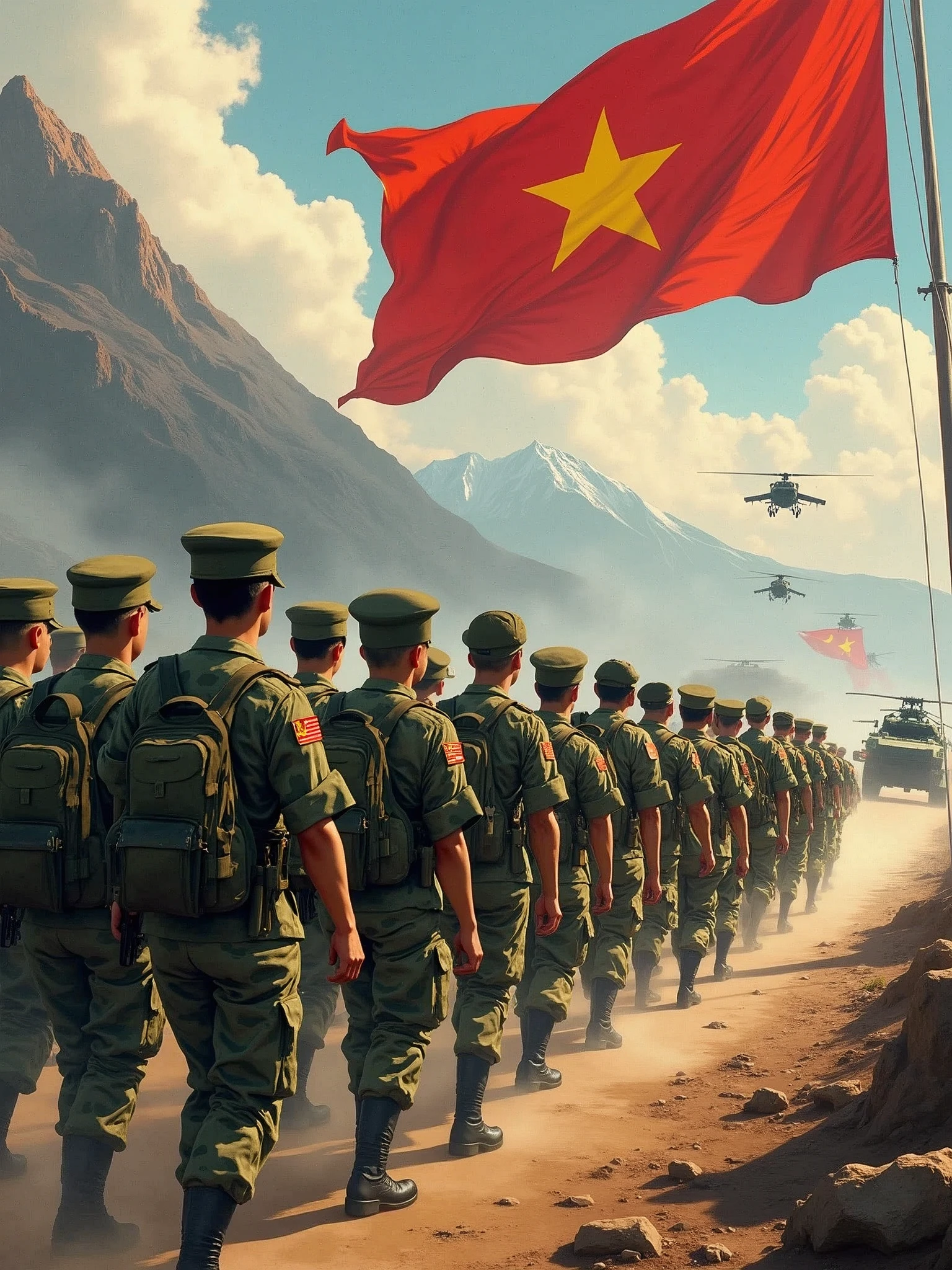 Images of the Vietnamese military often include the following elements:

1. **Uniform**: Soldiers often wear green or camouflage uniforms, representing camouflage in mountainous environments. Baseball caps or pith helmets are also part of the uniform. Soldiers sometimes carry equipment such as backpacks, belts, and personal weapons.

2. **Activities**: The Vietnamese military may be depicted in training activities, patrolling, or participating in border and territorial protection campaigns. These activities often take place in natural environments such as mountains or plains.

3. **Military equipment**: Images may also include military vehicles such as tanks, armored vehicles, helicopters, or other heavy weapons. The Vietnamese military also uses air defense systems and other tactical weapons.

 4. **Spirit**: Images of the Vietnamese military often show fighting spirit, resilience and patriotism. Soldiers are often depicted with serious expressions, focused and ready to carry out their missions.

5. **Parades**: During national events or celebrations, images of the Vietnamese military may include parades with neat ranks, red flags with yellow stars, and soldiers marching in unison, demonstrating strength and solidarity.