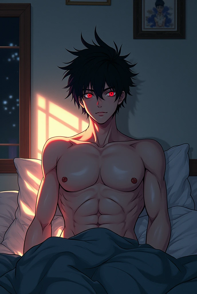 Anime Male, black fluffy hair, No shirt, in his room, cold hearted, red eyes