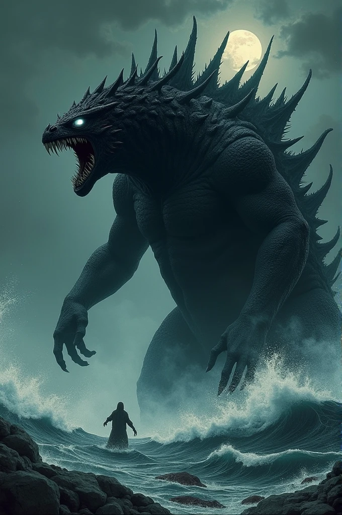A black kaiju like night with small white details, coming out of the ocean on a cold night, razor sharp teeth, giant size, graphic like the horror books as if it were an old photo without color