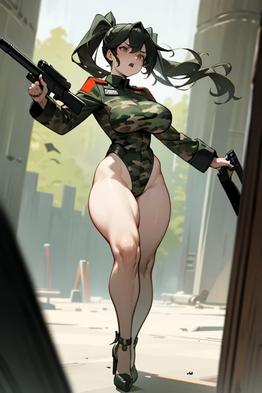  thick hips,  thick thighs, platform heels, high cut leotard, bandeau top, huge breast, thin waist, ponytails hair, weapon, pale skin, gun, angry look,  scream, thick body, military camouflage, 